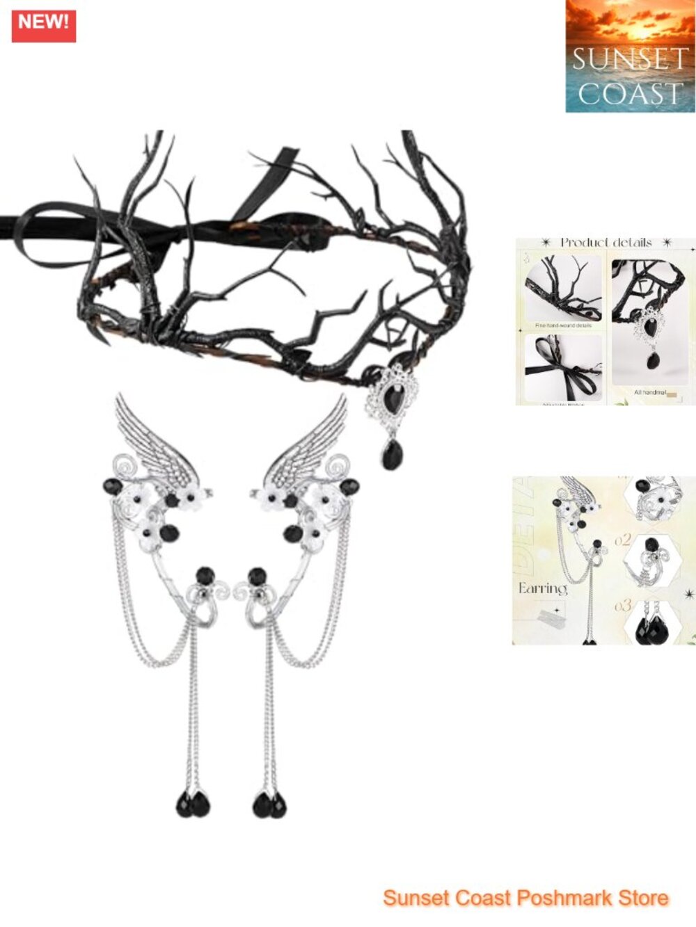 Halloween Fairy Cosplay Crown Headband Set with Elf Ear Cuffs